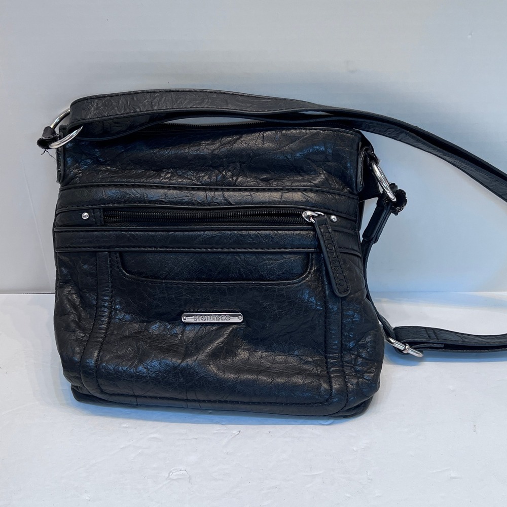 Stone & Co Black Faux Leather Crossbody Bag Multi Pocket Organizer Handbag
